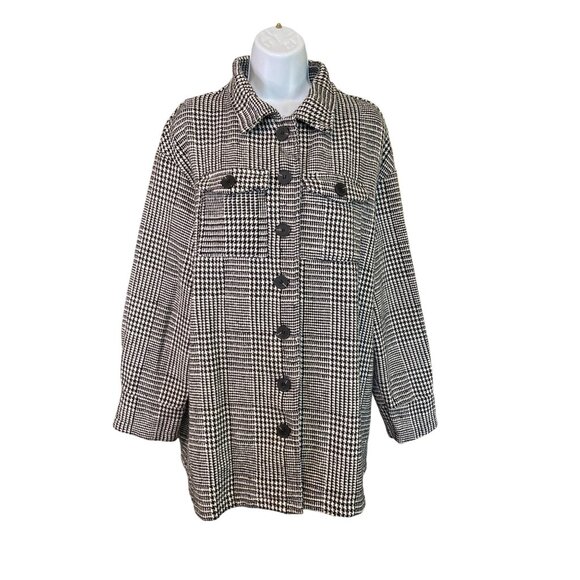 Womens Houndstooth Plaid Shacket Black White Checkered Button Front Retro Glam - Picture 2 of 8